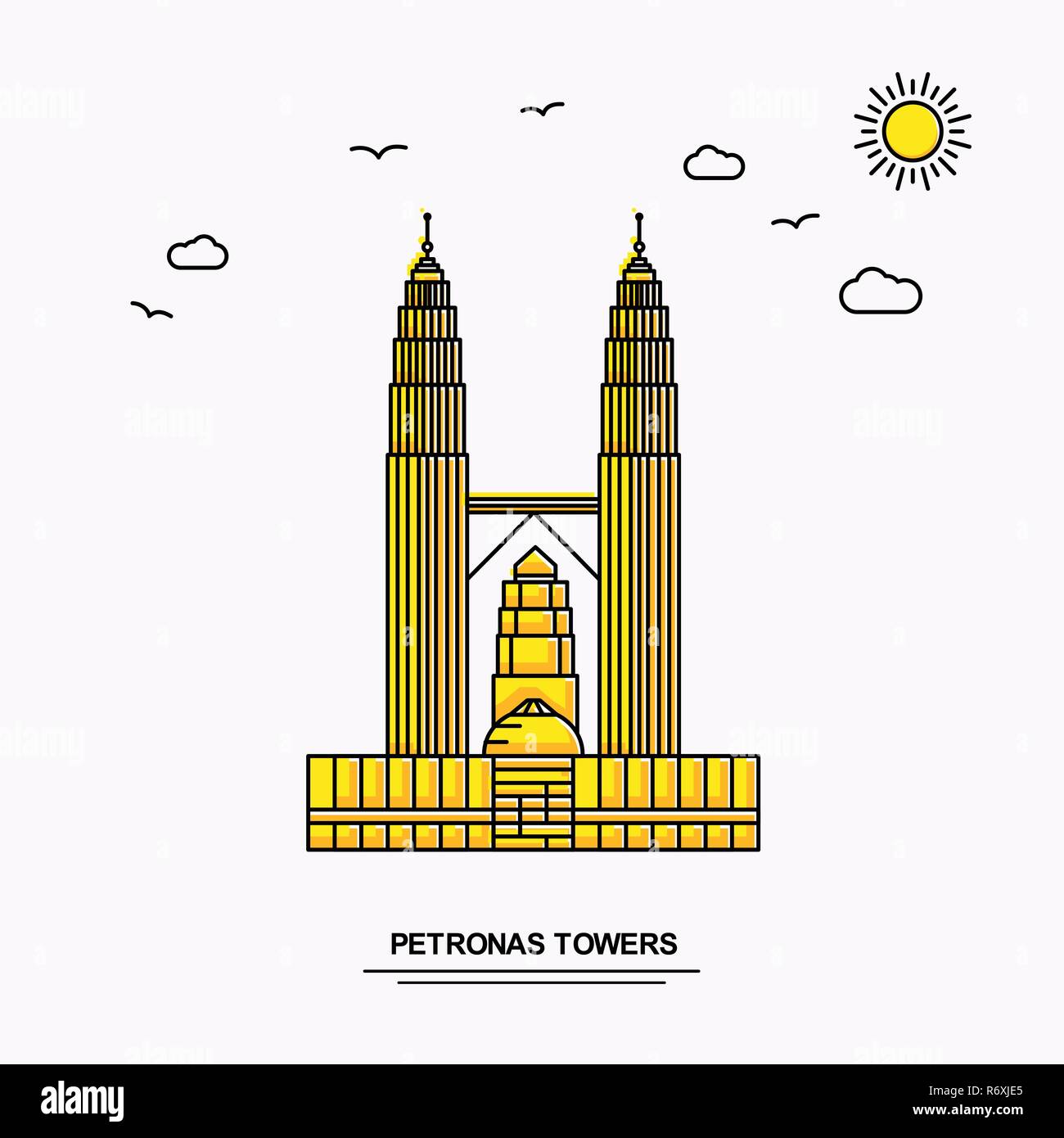 PETRONAS TOWERS Monument Poster Template. World Travel Yellow illustration Background in Line Style with beauture nature Scene Stock Vector