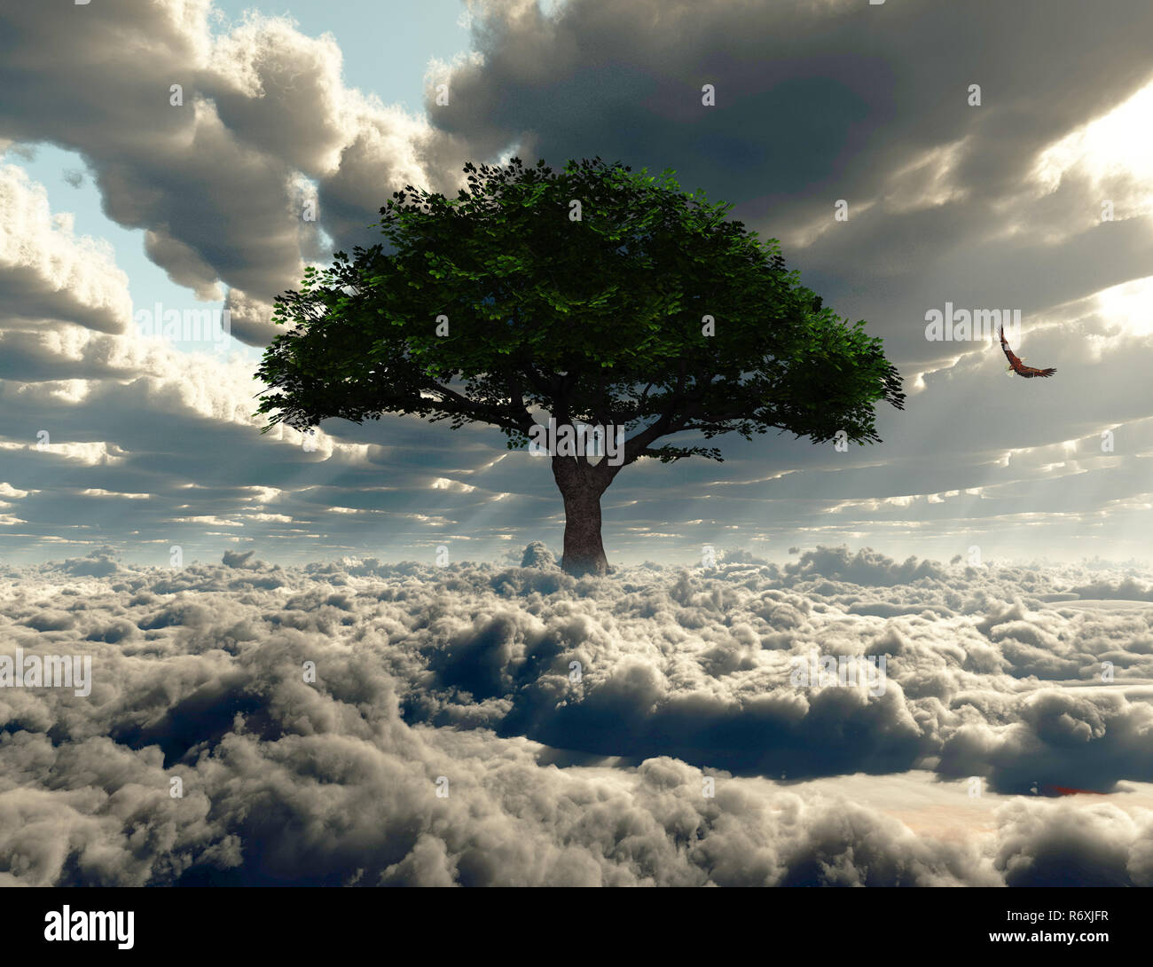 Green tree on a field of clouds. Eagle in the sky Stock Photo