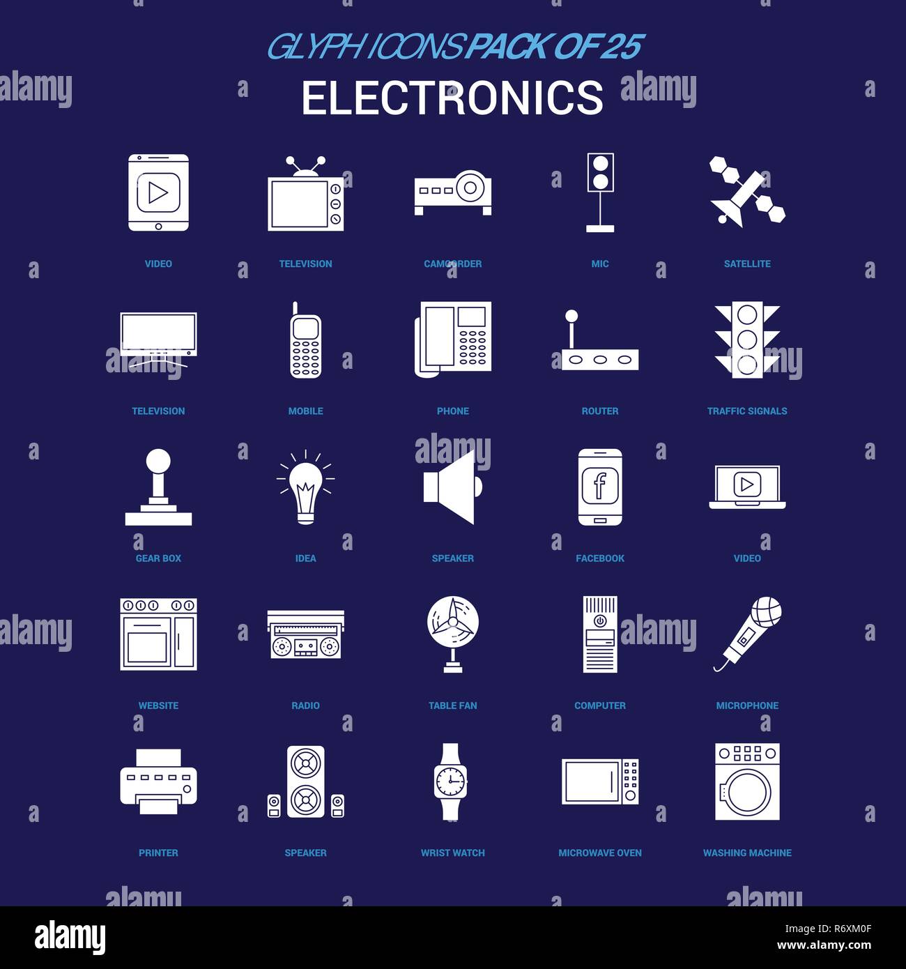 Electronics White icon over Blue background. 25 Icon Pack Stock Vector ...