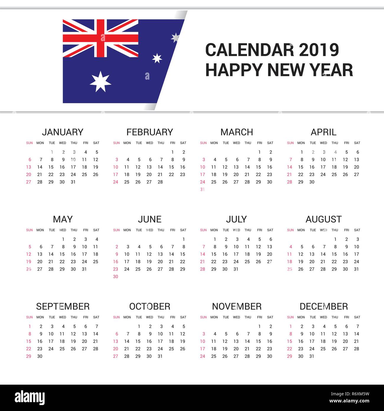 Calendar 2019 Australia Flag background. English language Stock Vector ...