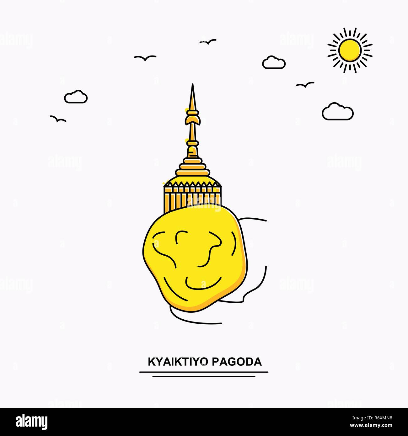 KYAIKTIYO PAGODA Monument Poster Template. World Travel Yellow illustration Background in Line Style with beauture nature Scene Stock Vector