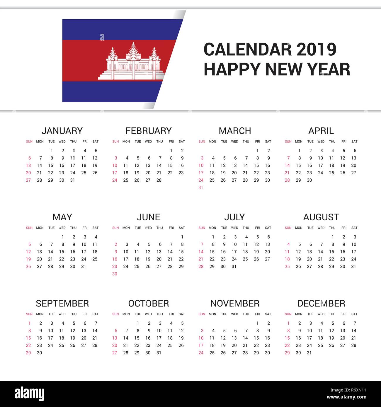 Calendar 2019 Cambodia Flag background. English language Stock Vector