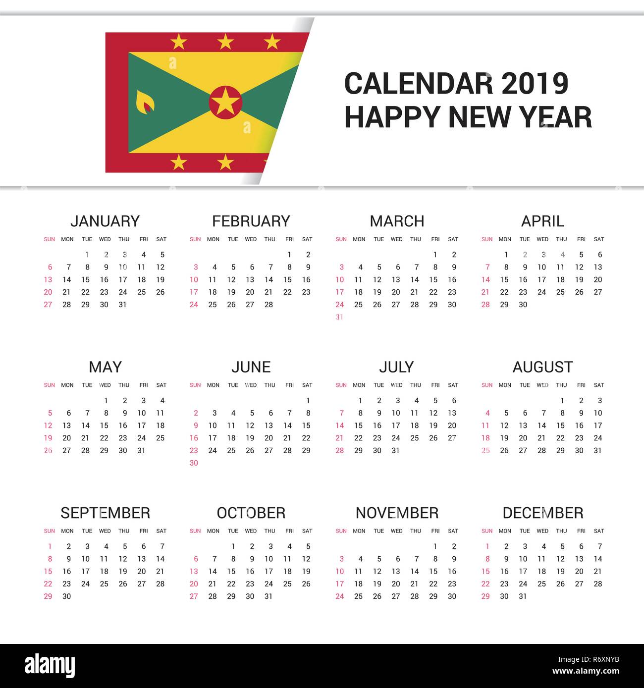 Calendar 2019 Grenada Flag background. English language Stock Vector
