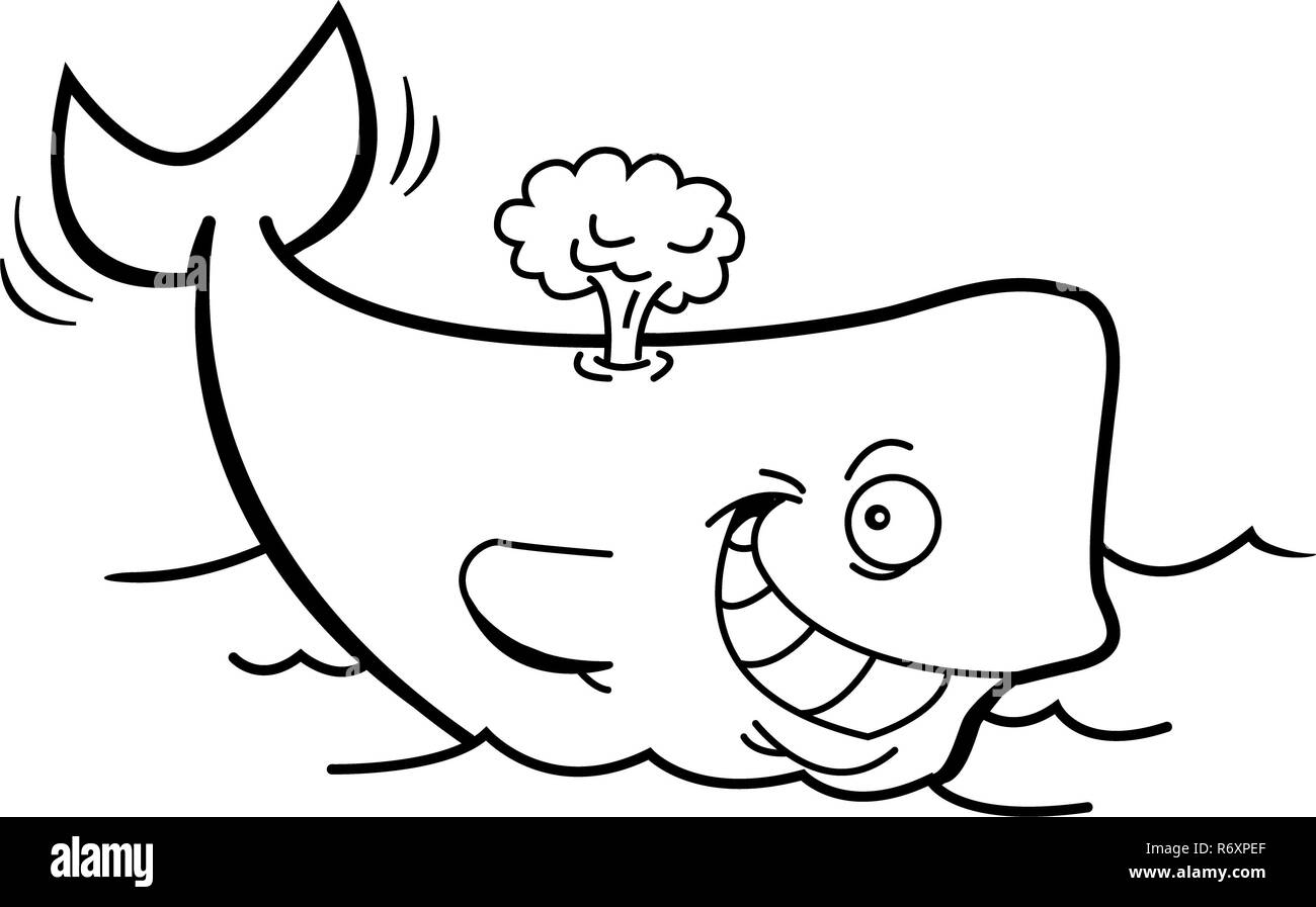 Black and white illustration of a smiling whale with a blow spout. Stock Photo