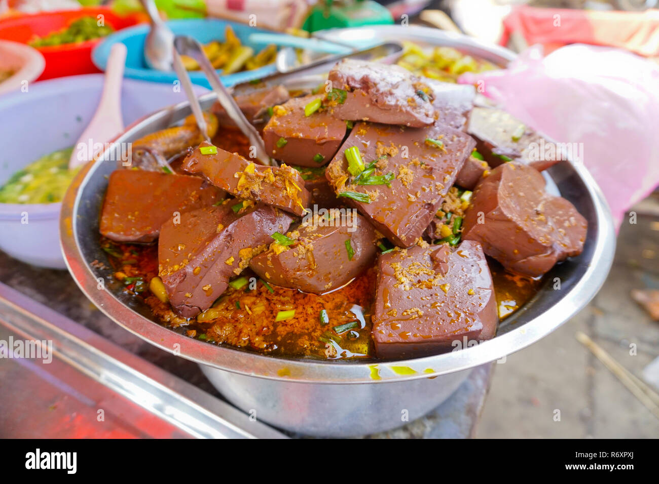 Blood pudding in Cambodian market, Kratie (Kracheh), Cambodia Stock