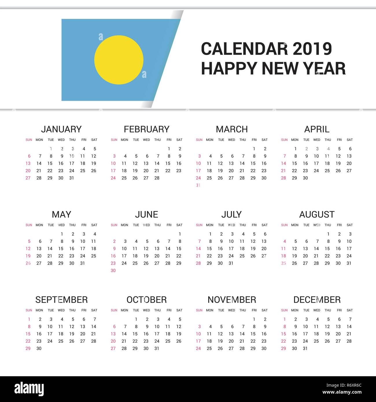 Calendar 2019 Palau Flag Background English Language Stock Vector Image Art Alamy