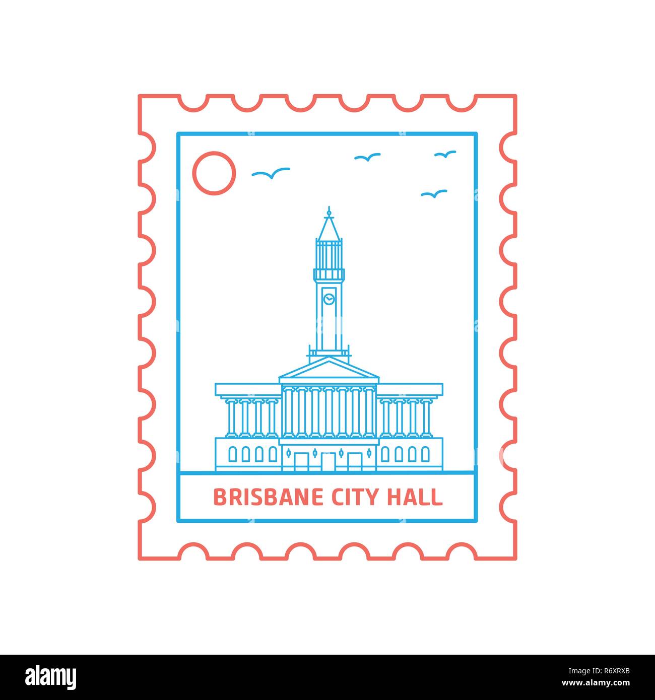 BRISBANE CITY HALL postage stamp Blue and red Line Style, vector
