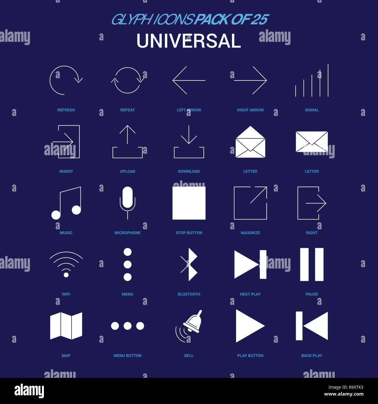 Universal White icon over Blue background. 25 Icon Pack Stock Vector ...
