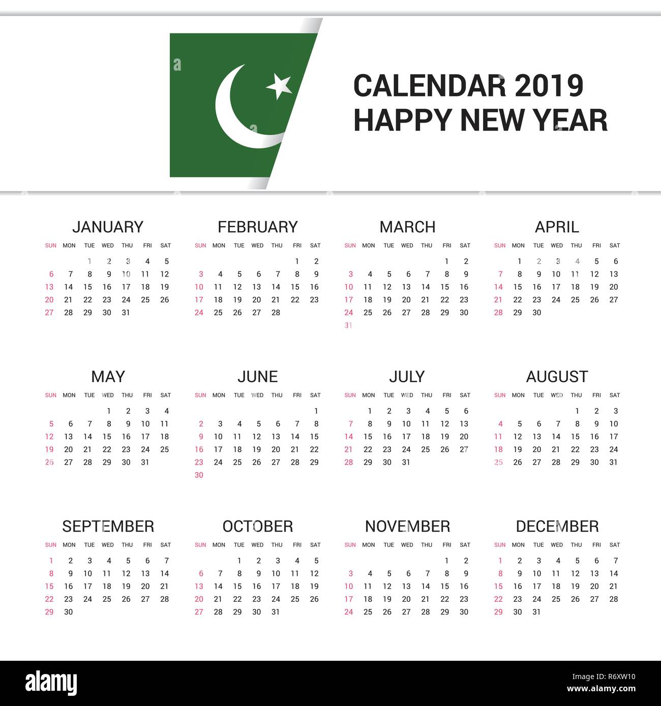 Calendar 2019 Pakistan Flag background. English language Stock Vector