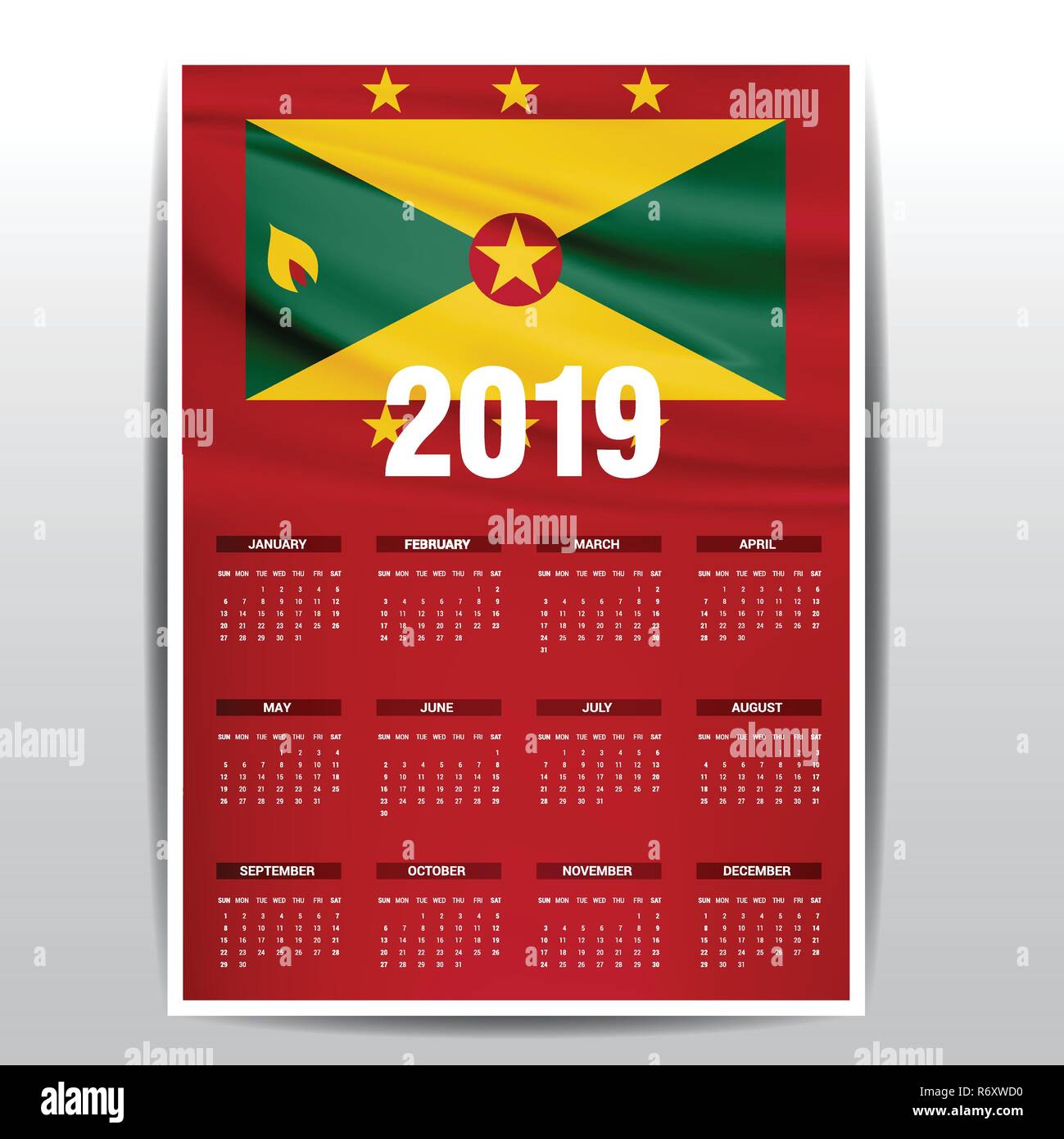 Calendar 2019 Grenada Flag background. English language Stock Vector