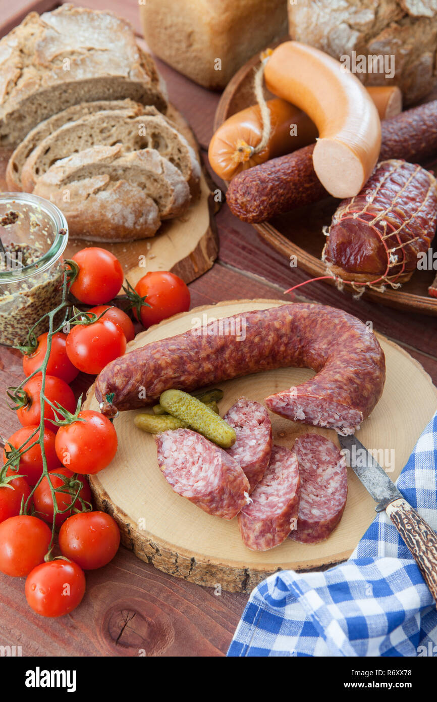 fresh sausages and breads Stock Photo