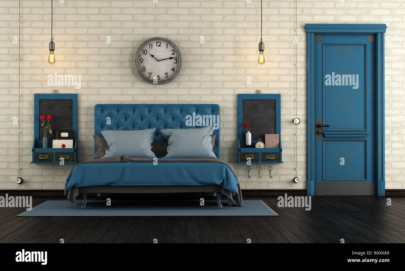 Blue retro master bedroom Stock Photo - Alamy
