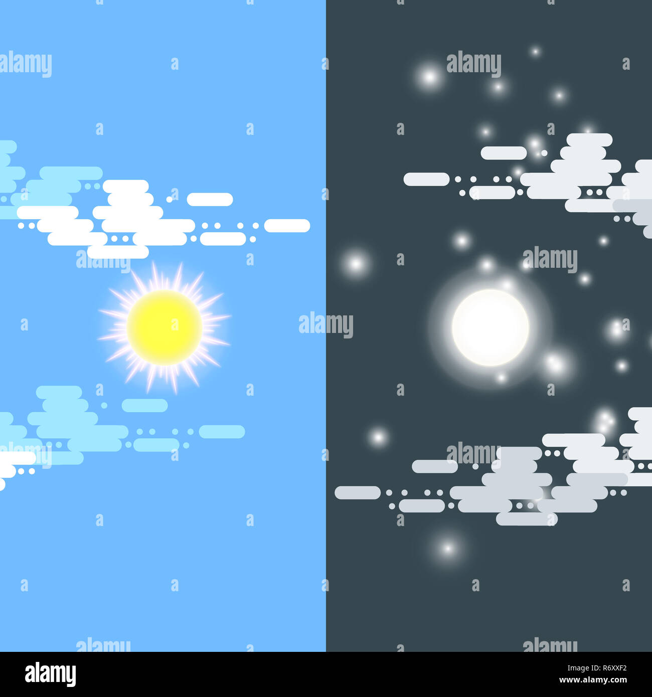Day and night vector flat illustrations or banners. Sun and Moon. Half day and night, sun and