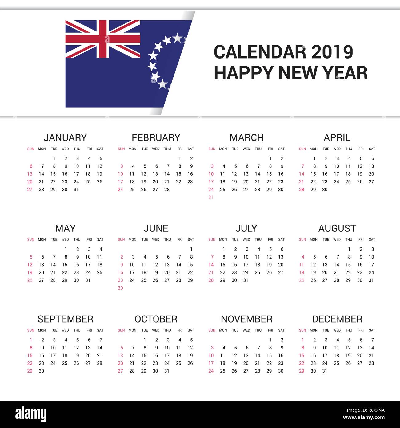Calendar 2019 Cook Islands Flag background. English language Stock