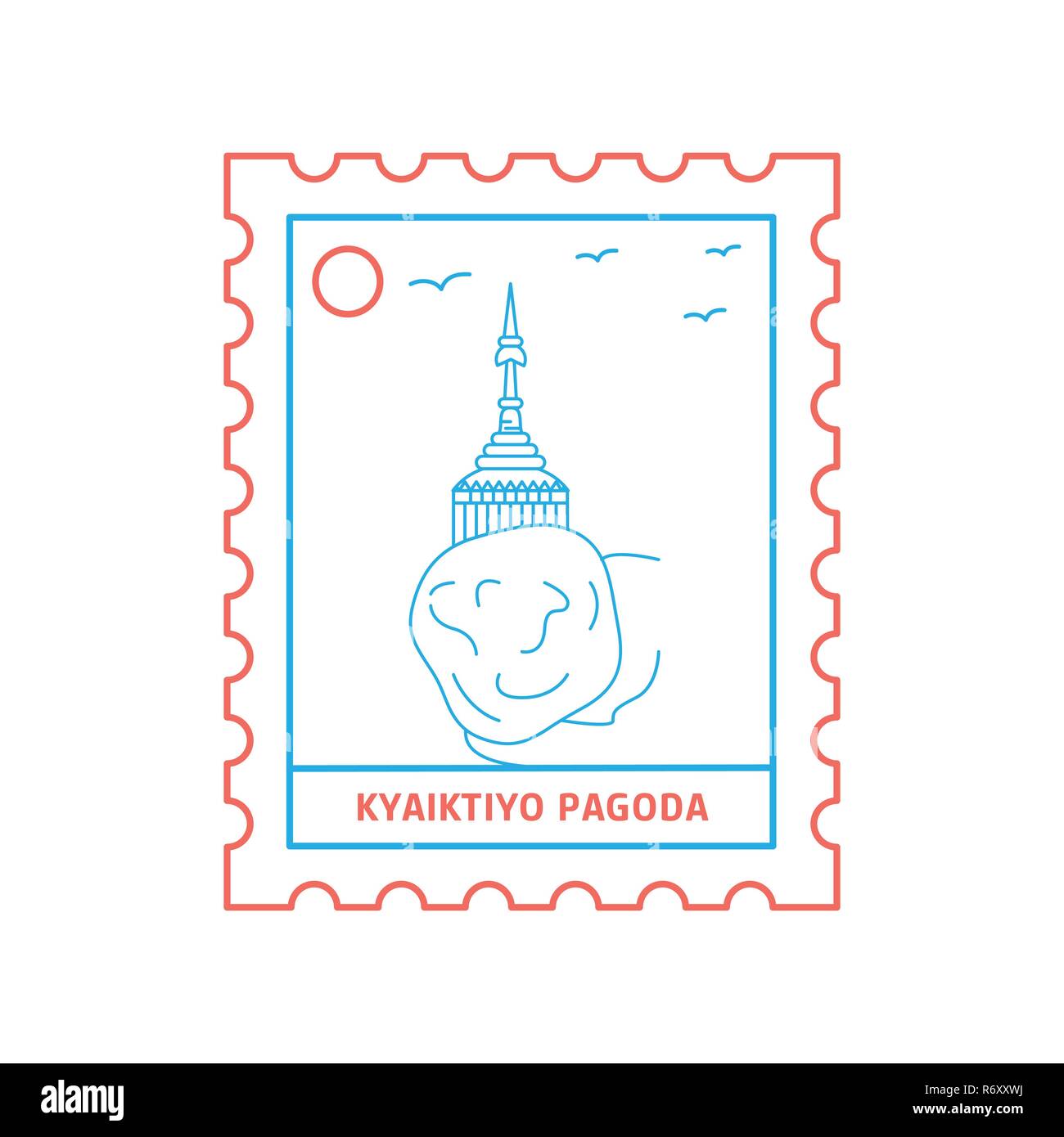 KYAIKTIYO PAGODA postage stamp Blue and red Line Style, vector illustration Stock Vector