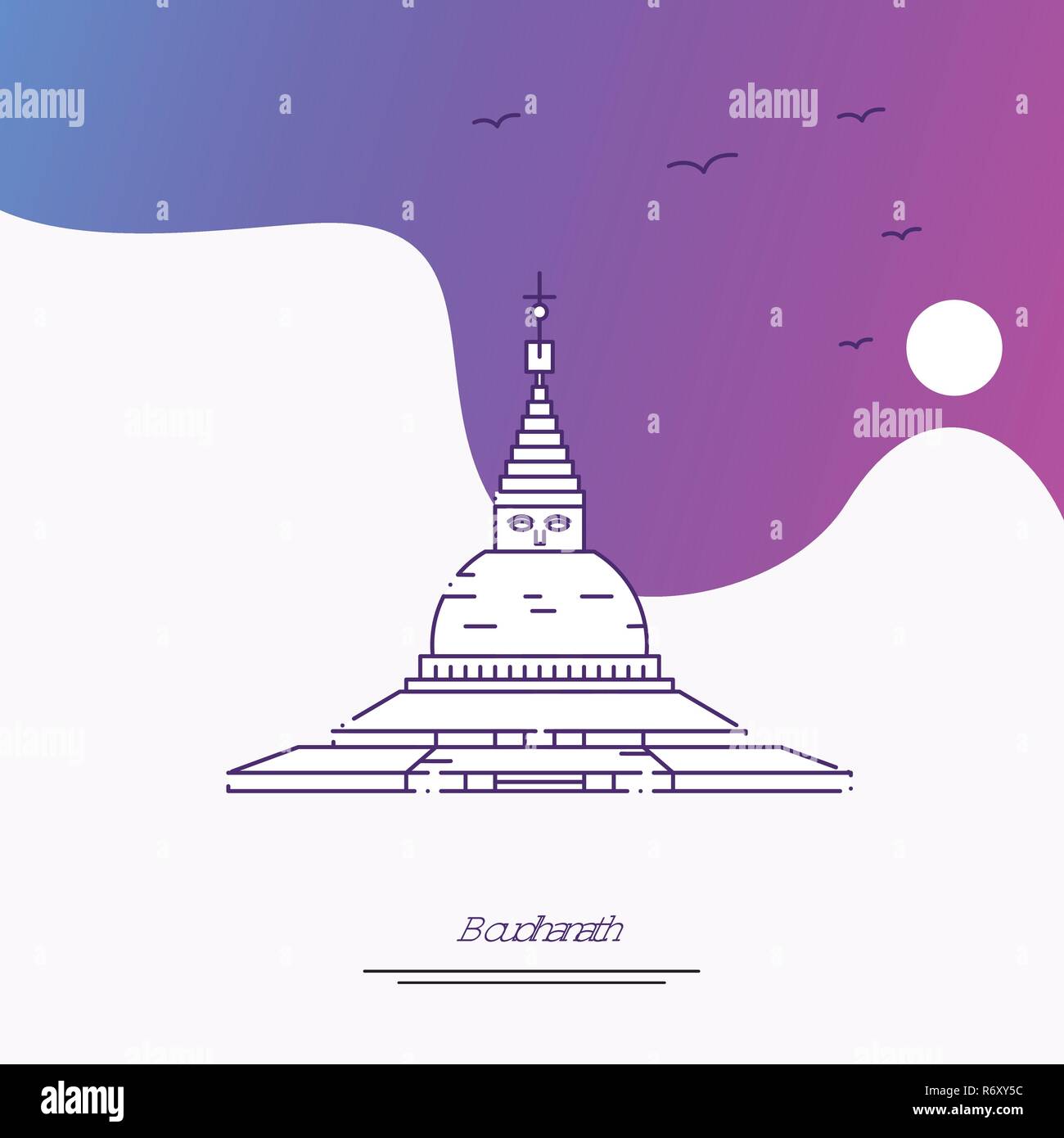 Travel BOUDHANATH Poster Template. Purple creative background Stock Vector