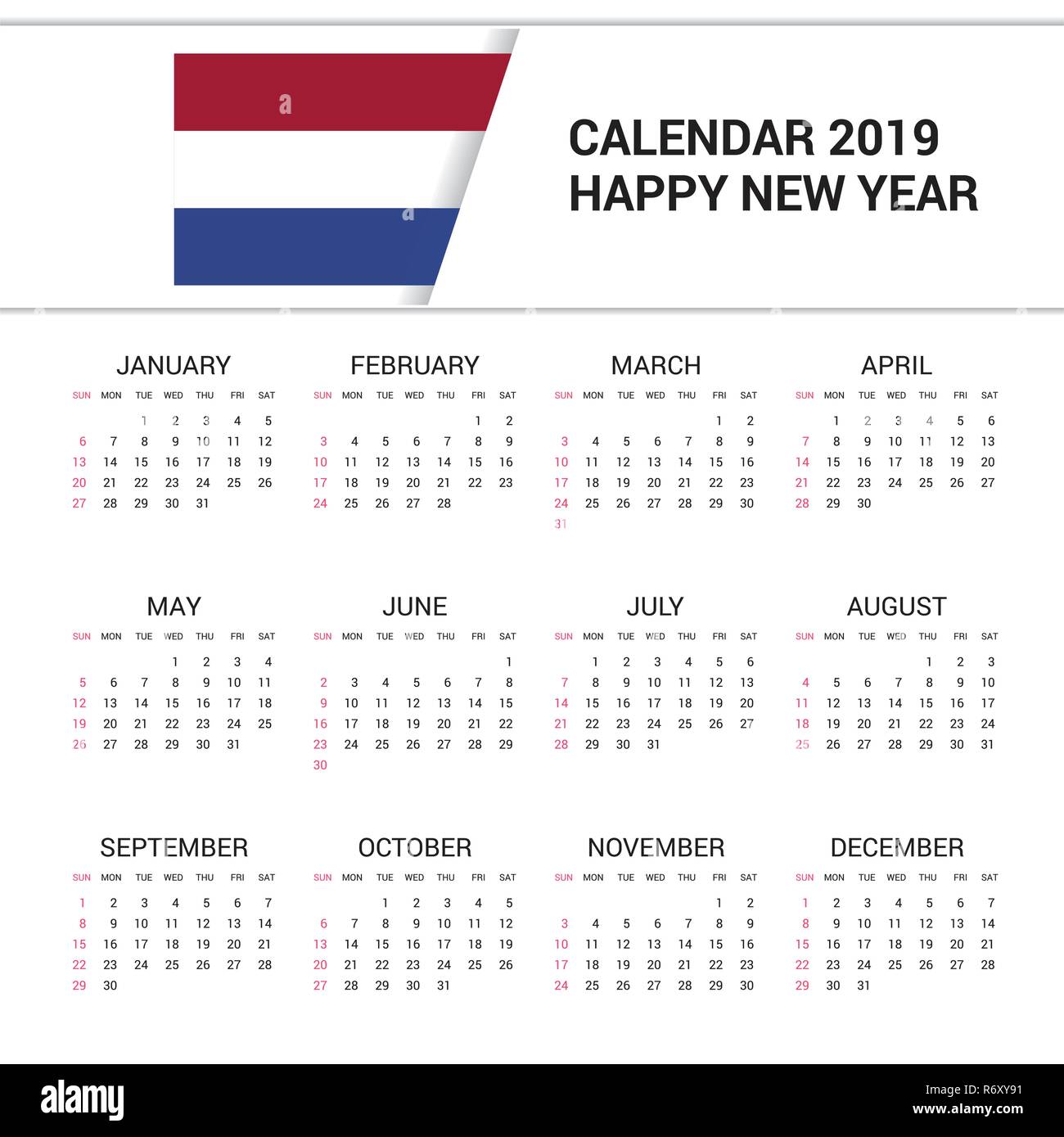 Calendar 2019 netherlands flag background english language stock