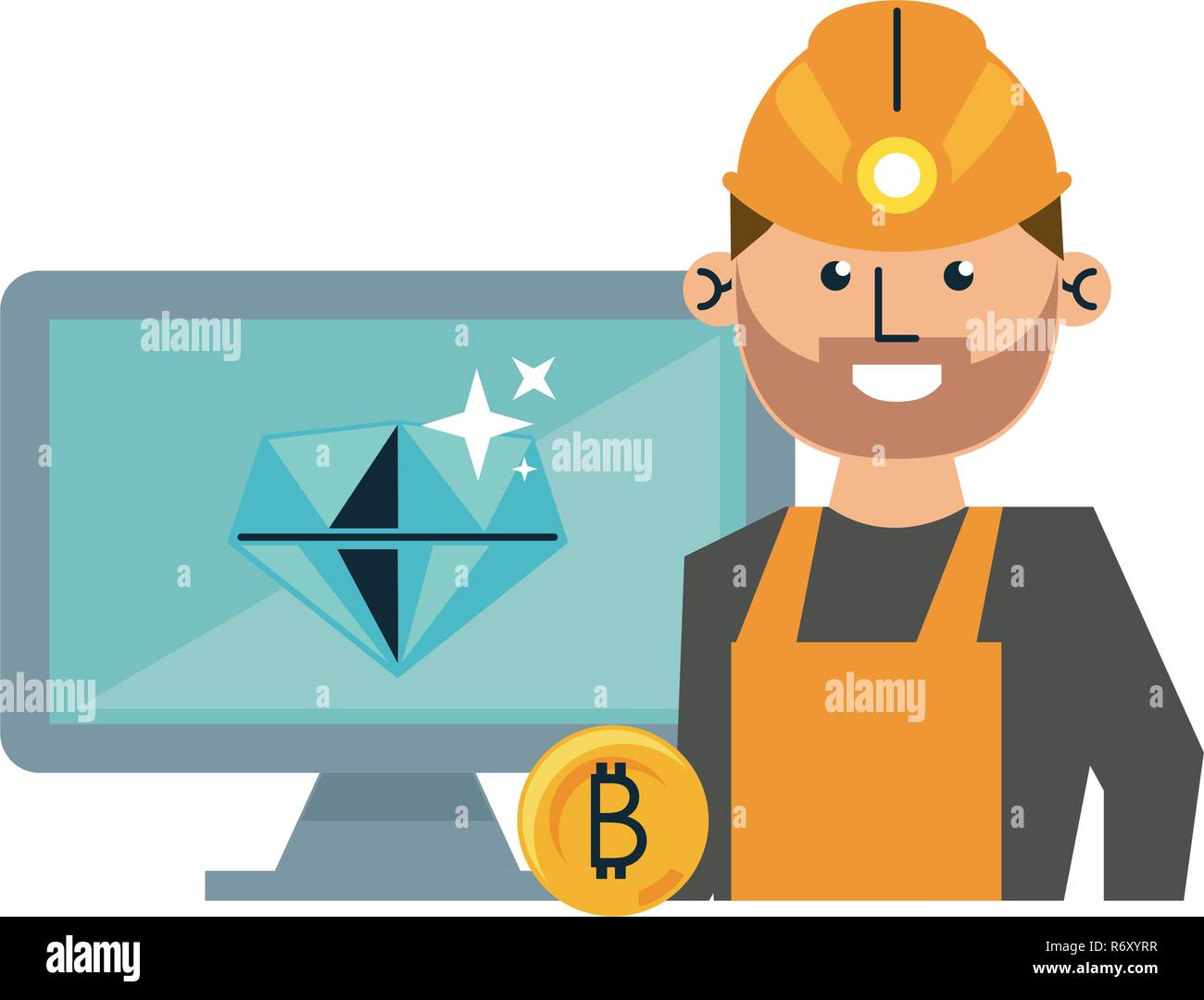 Bitcoin Mining Computer And Worker Stock Vector Art Illustration - 