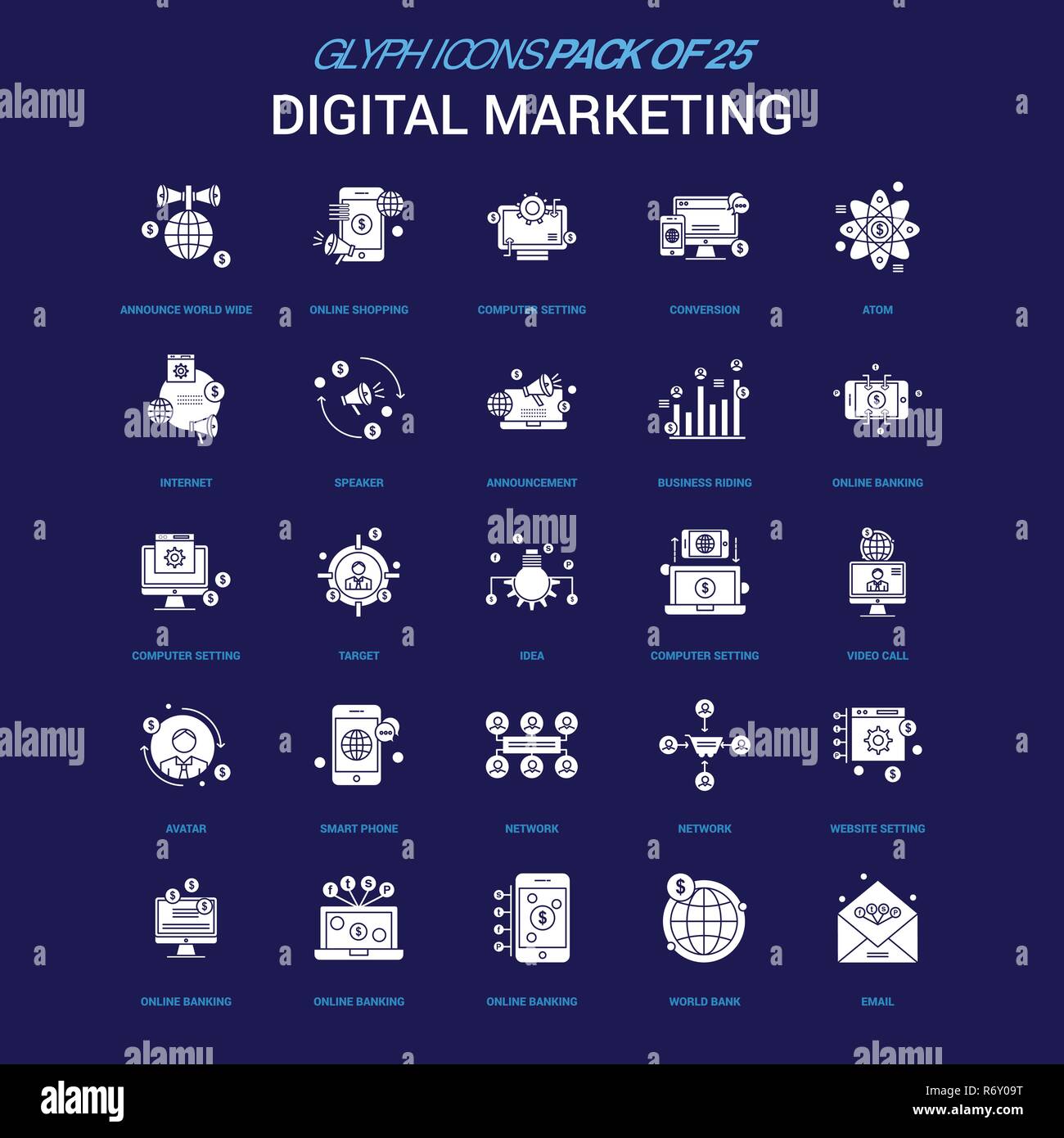 Digital Marketing White icon over Blue background. 25 Icon Pack Stock ...