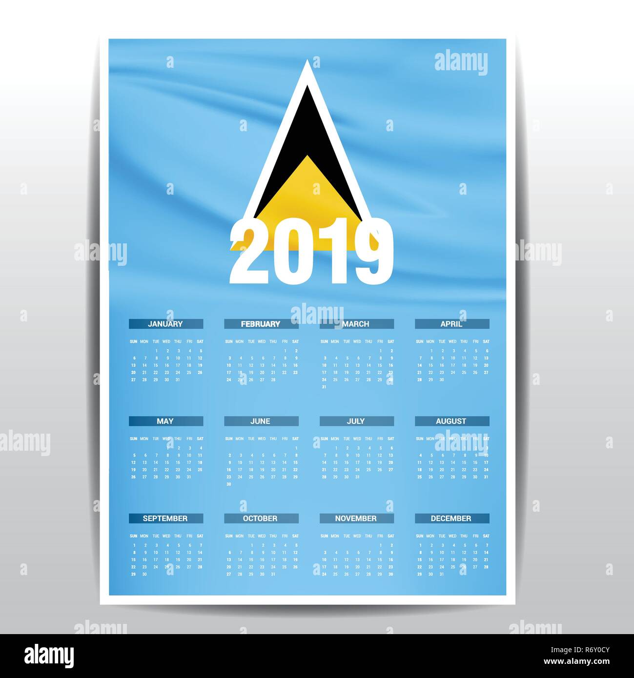 Calendar 2019 Saint Lucia Flag background. English language Stock Vector