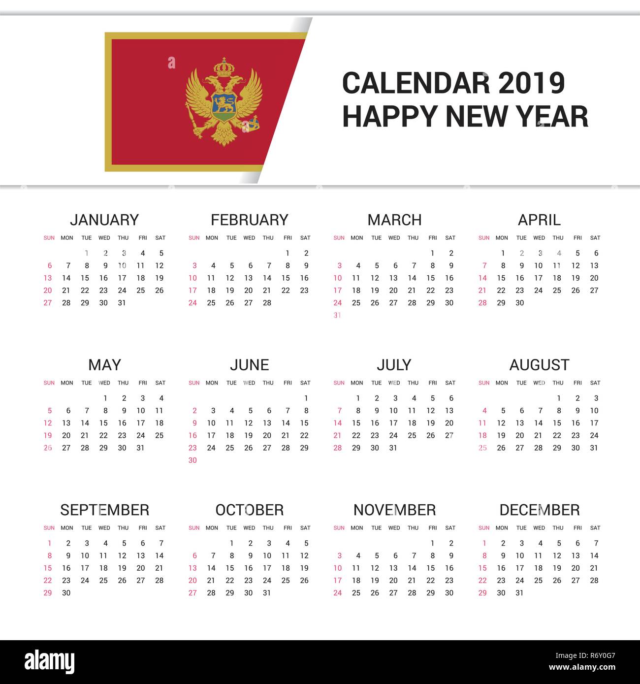 Calendar 2019 Montenegro Flag Background English Language Stock Vector Image Art Alamy