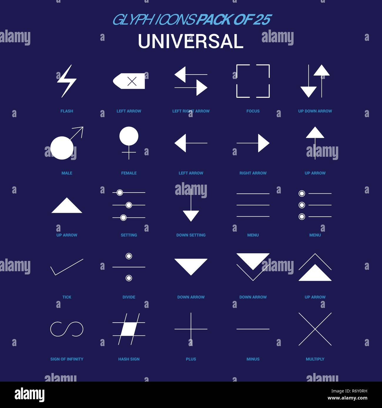 Universal White icon over Blue background. 25 Icon Pack Stock Vector ...