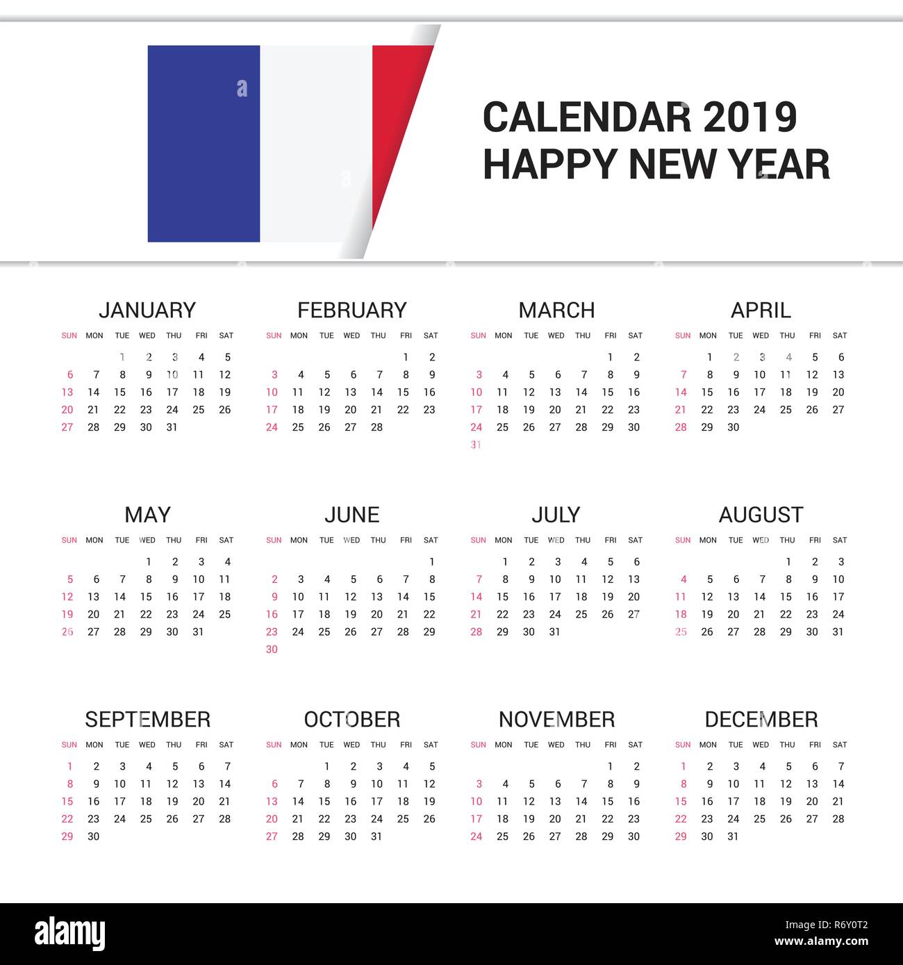 Calendar 2019 France Flag background. English language Stock Vector ...