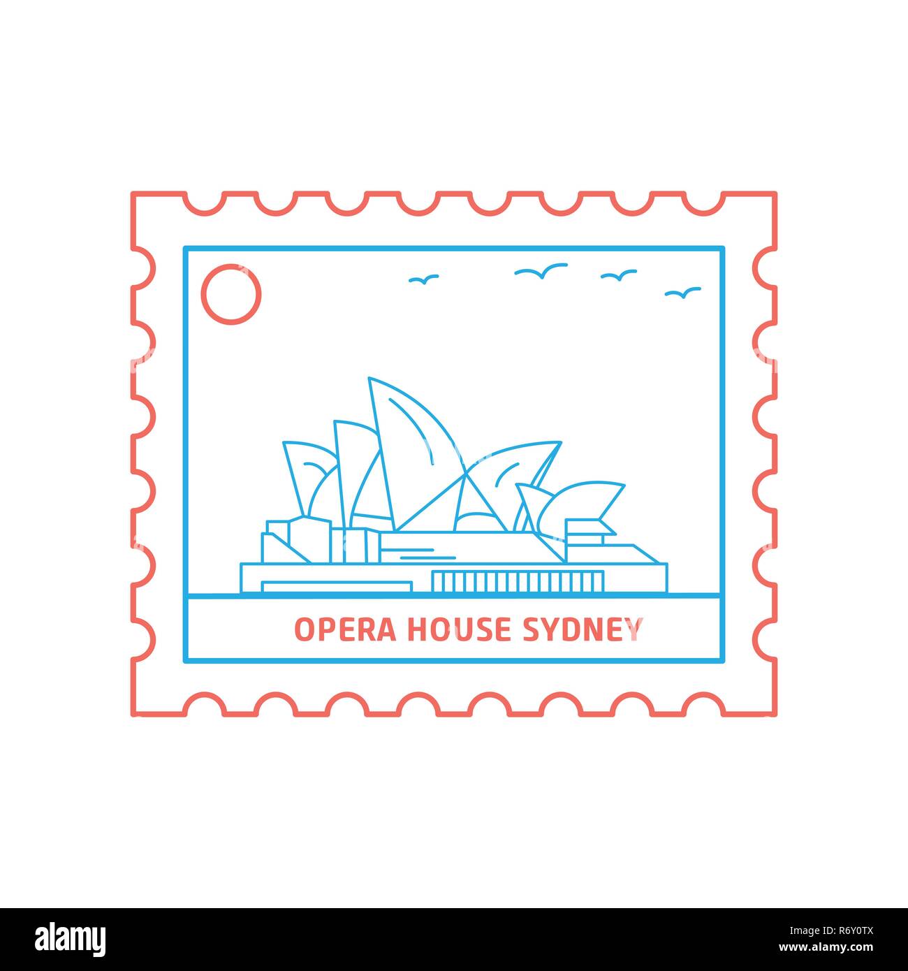 OPERA HOUSE postage stamp Blue and red Line Style, vector illustration Stock Vector
