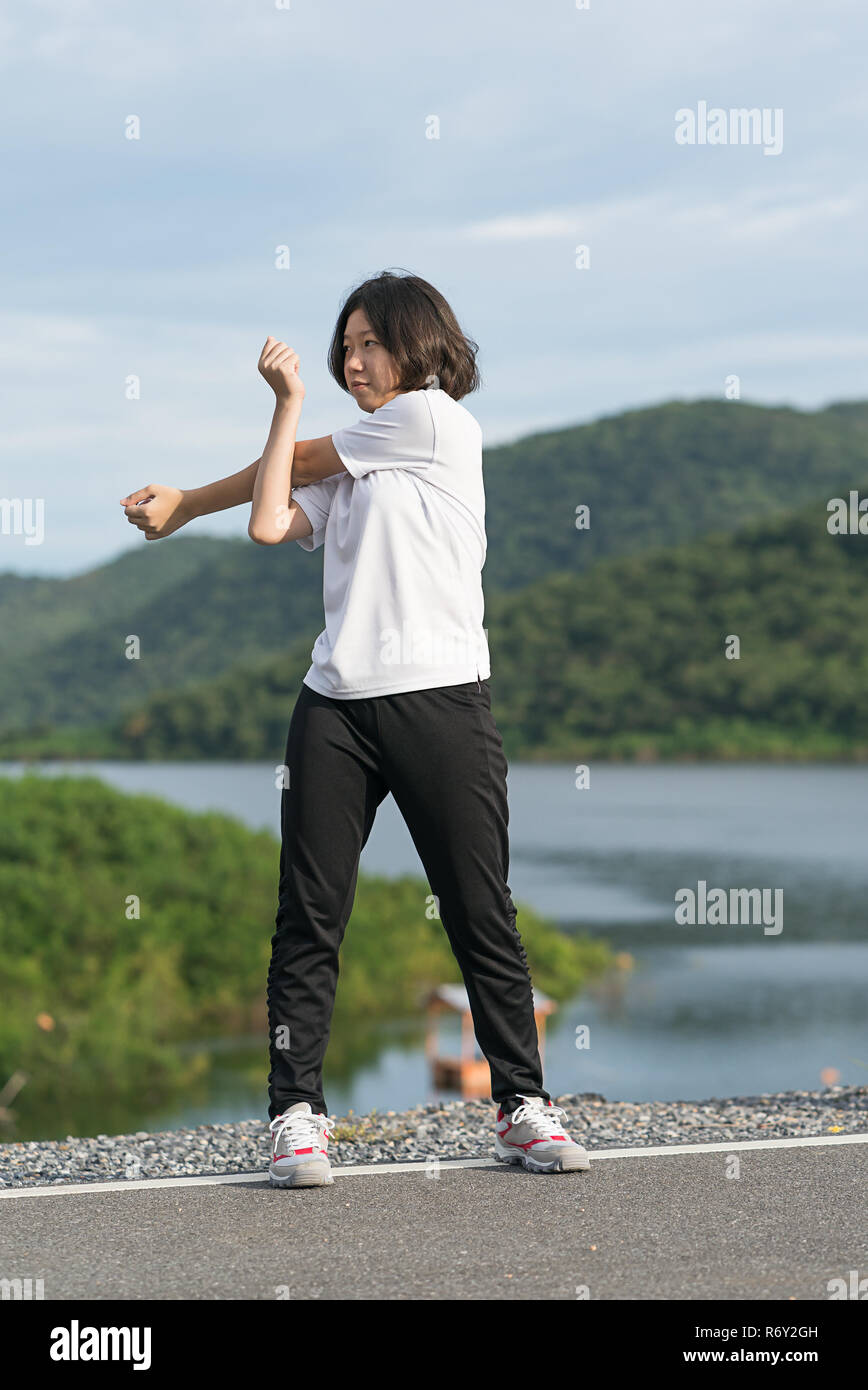 Woman Short Hair Doing Exercising Outdoor Stock Photo 228017457