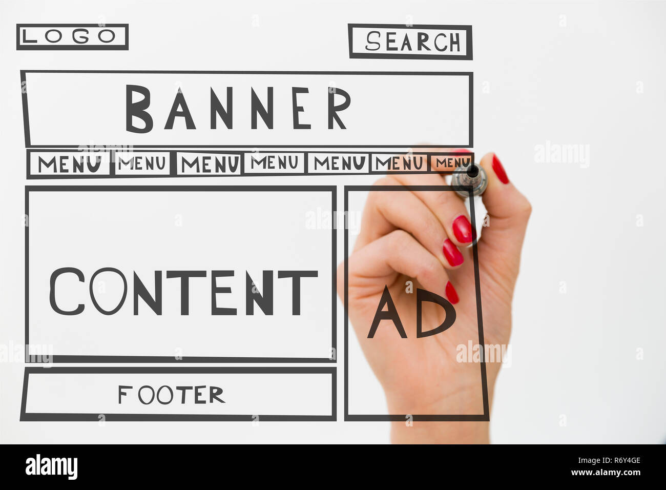 Designer drawing website development wire frame. Structure of web page