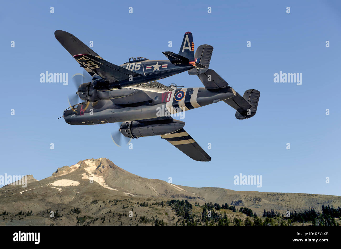 North American F8F Bearcat and B25 Mitchell over Mount Hood Stock Photo