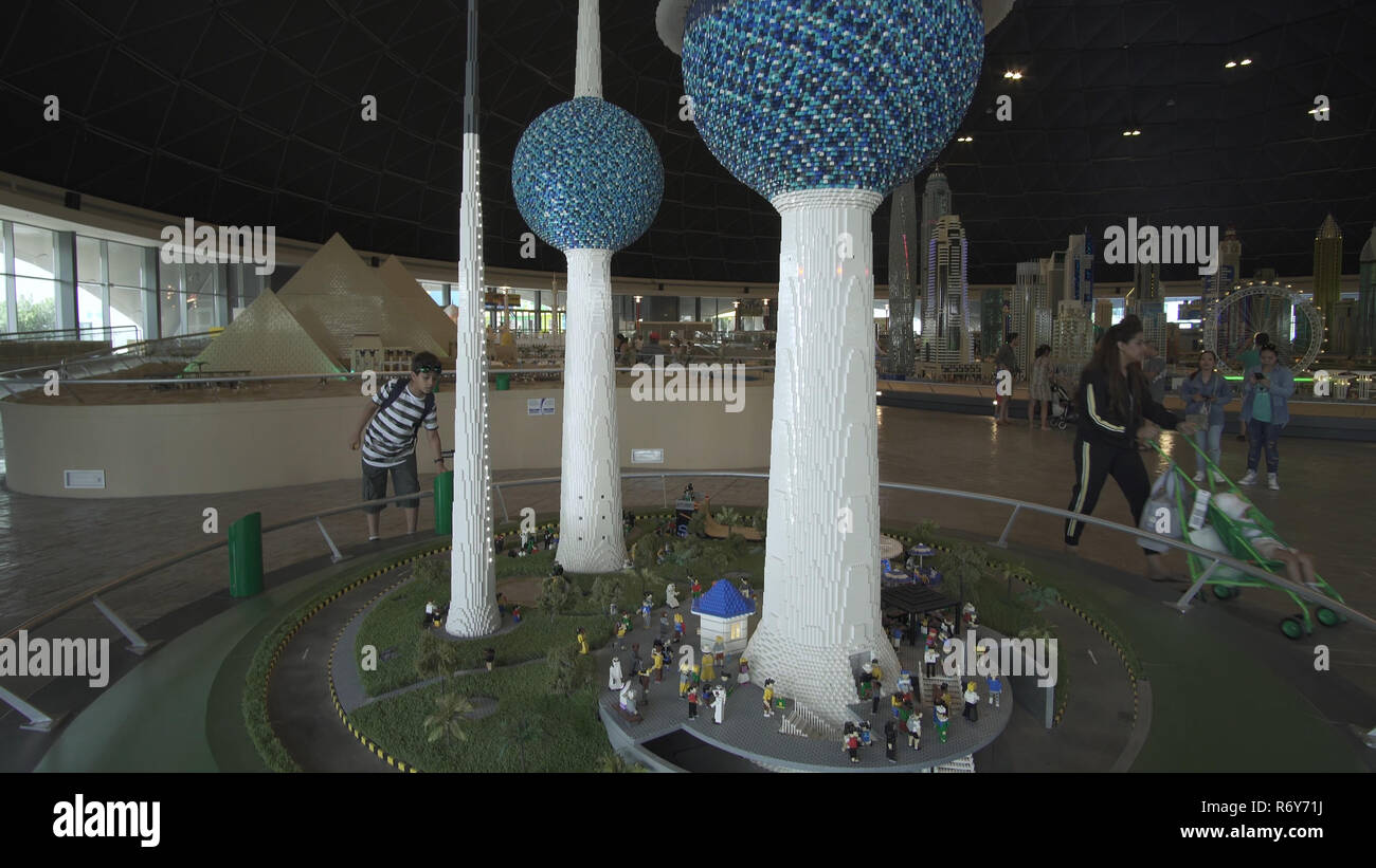 Exhibition of mock-ups Kuwait Towers made of Lego pieces in Miniland Legoland at Dubai Parks and Resorts Stock Photo