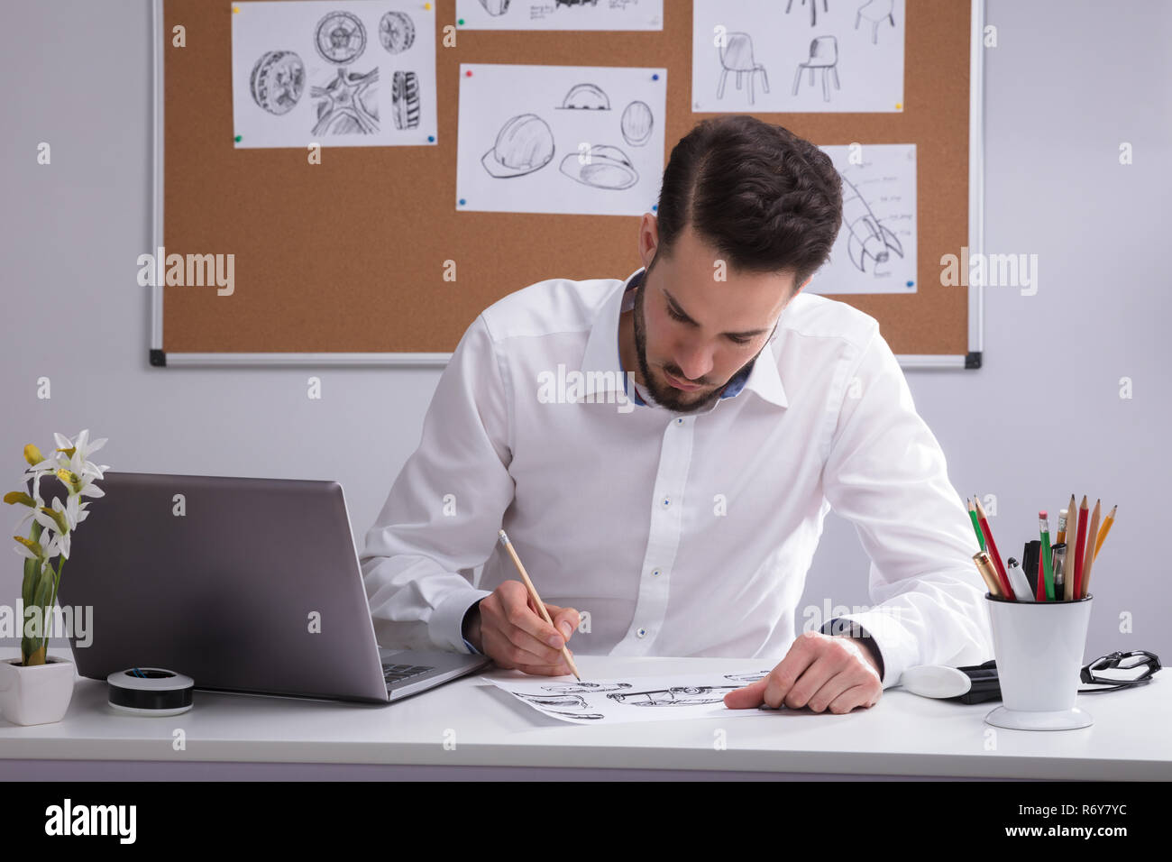 Artist Sketching On White Paper Stock Photo Alamy