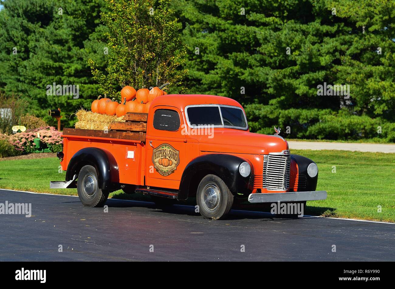 Maple Park, Illinois, USA. A decorated vintage pick-up truck heralds the onset of fall at a rural pumpkin farm in northeastern Illinois. Stock Photo