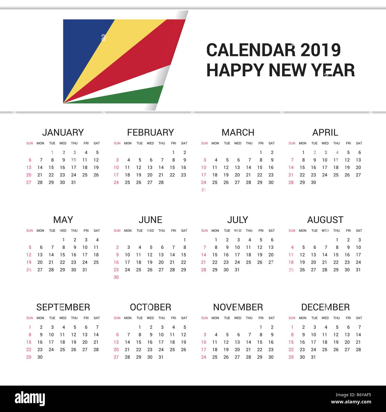 Calendar 2019 Seychelles Flag background. English language Stock Vector Image & Art Alamy