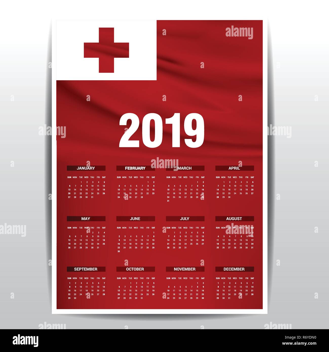 Calendar 2019 Tonga Flag background. English language Stock Vector