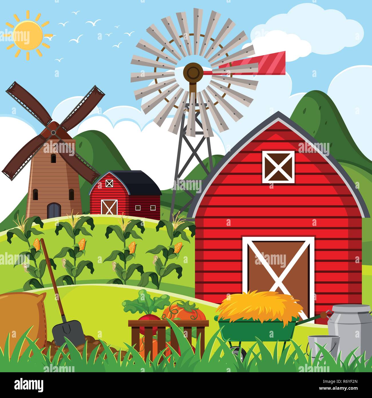 Farm Scene With Red Barn Illustration Stock Vector Art
