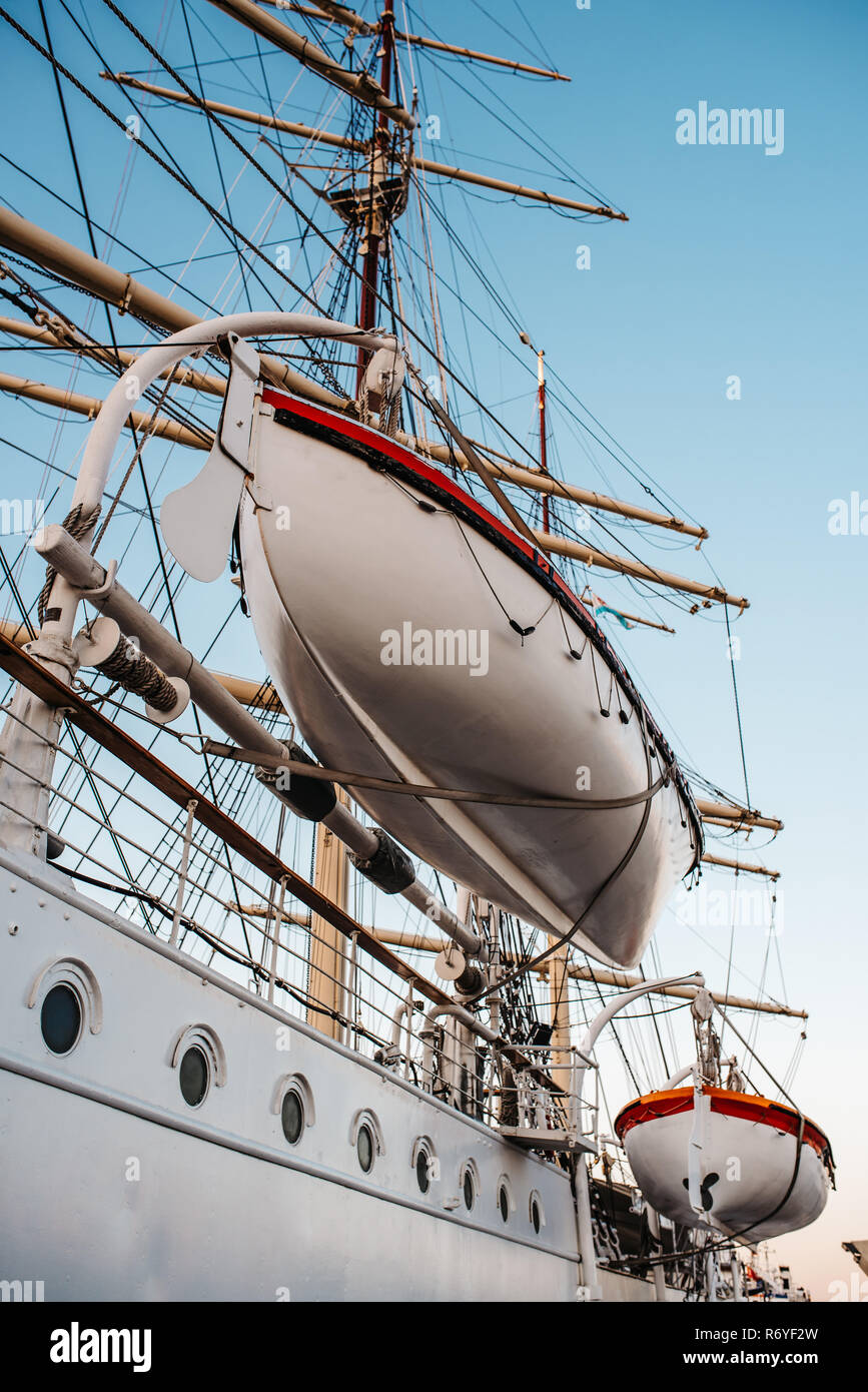 old sailing ship, frigate at anchor in the port Stock Photo Alamy