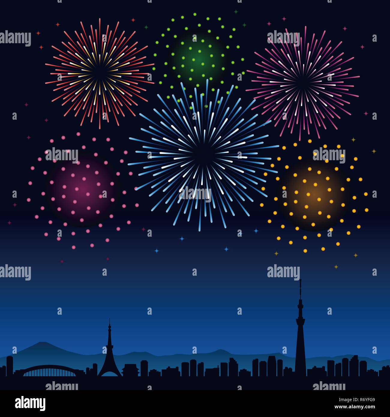 Fireworks and cityscape of Tokyo at night Stock Photo - Alamy