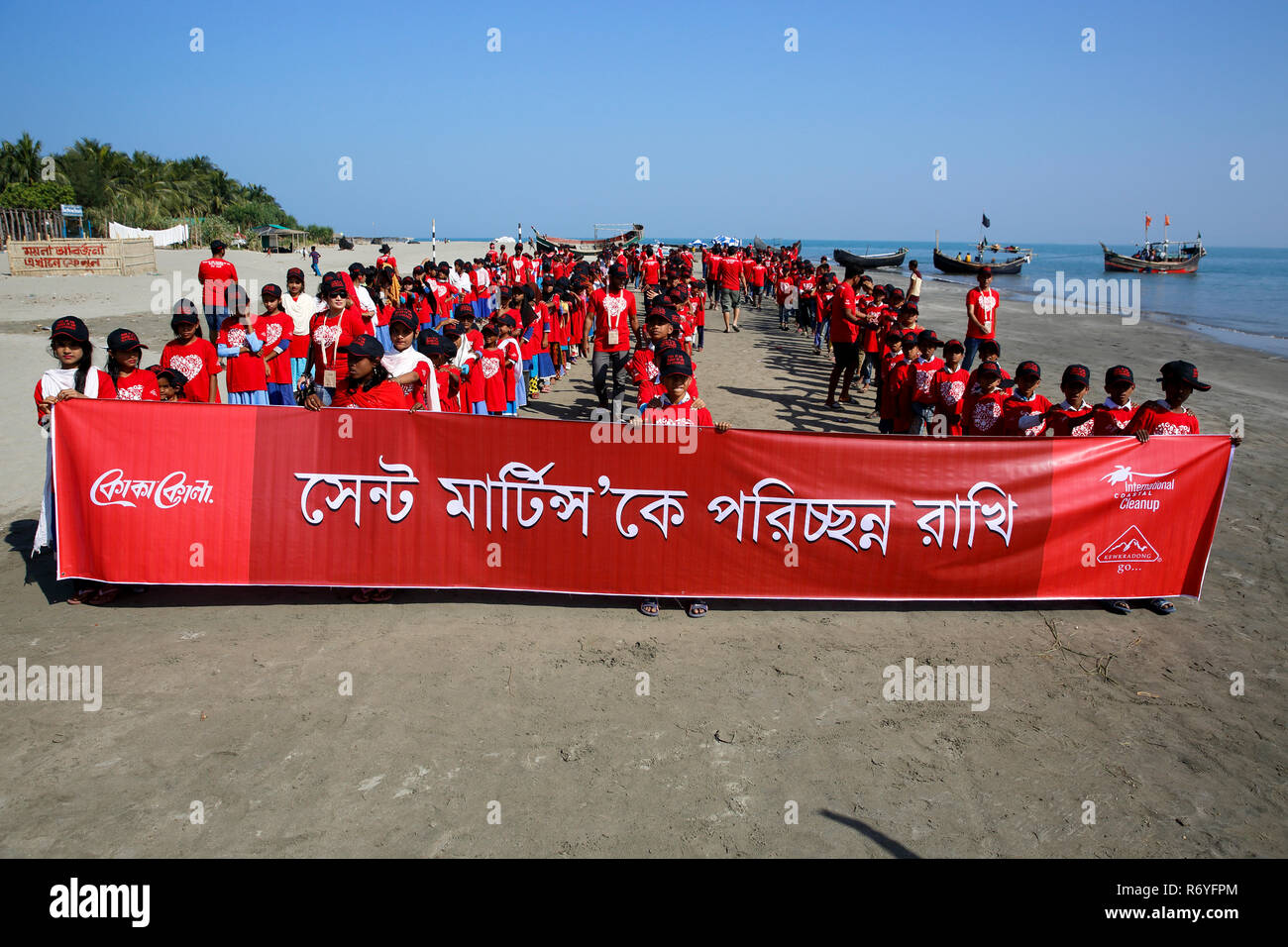 A procession is taken out in Saint Martin's Island sea beach as a pert of the International Coastal Cleanup organised by Keokradong Bangladesh, the co Stock Photo