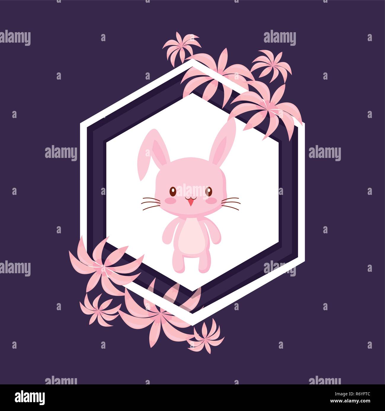 decorative frame with tropical leaves and cute rabbit icon over purple ...