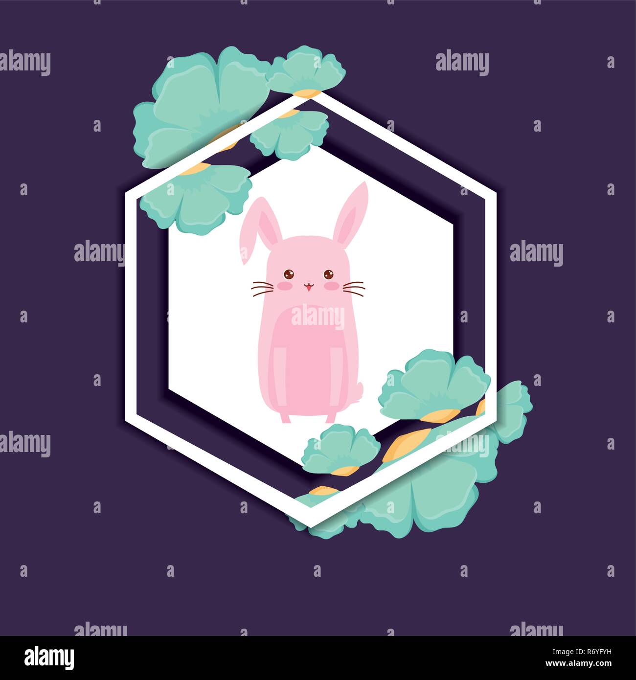 decorative frame with tropical leaves and cute rabbit icon over purple ...