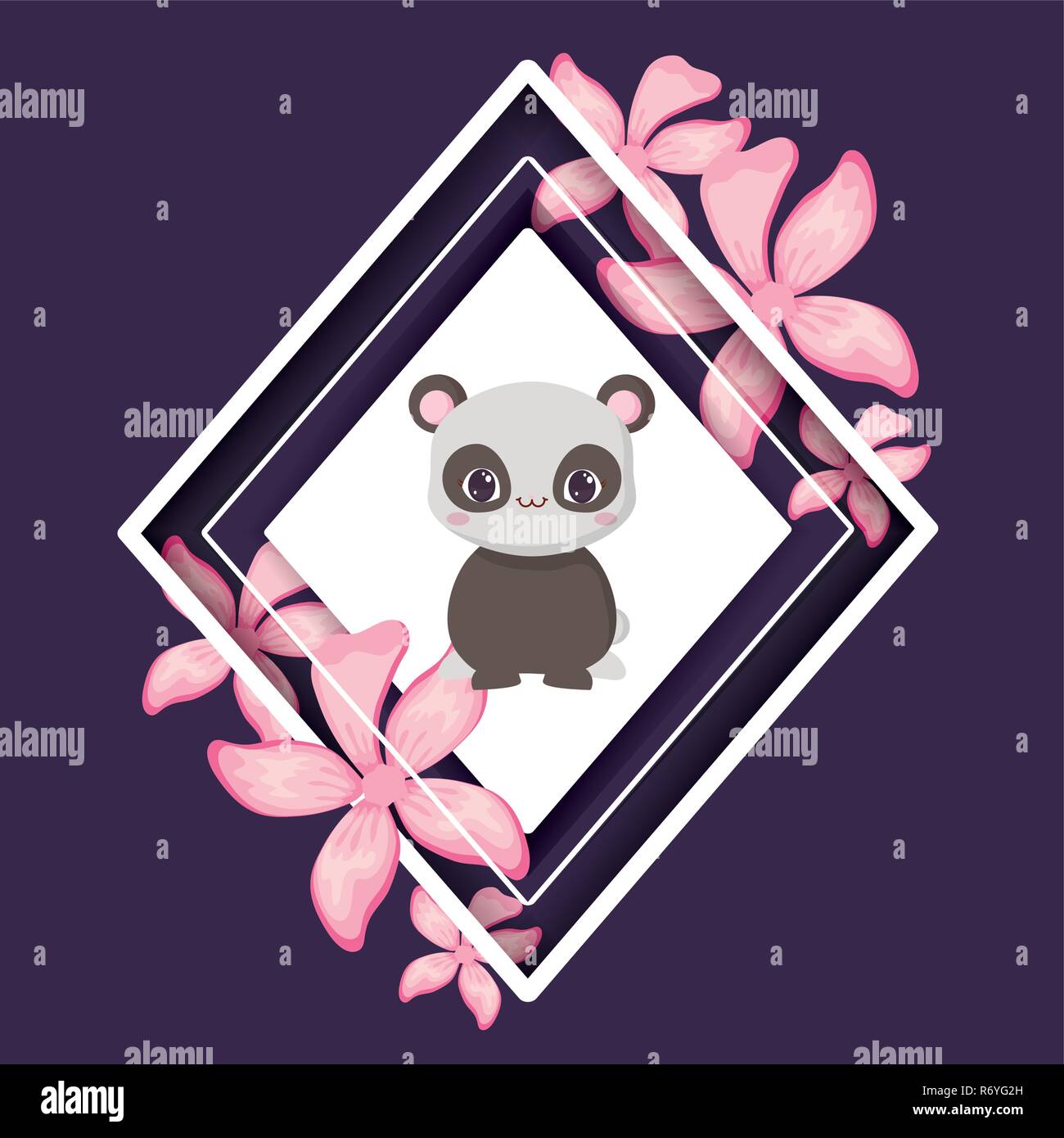 decorative frame with tropical leaves and cute panda bear icon over ...