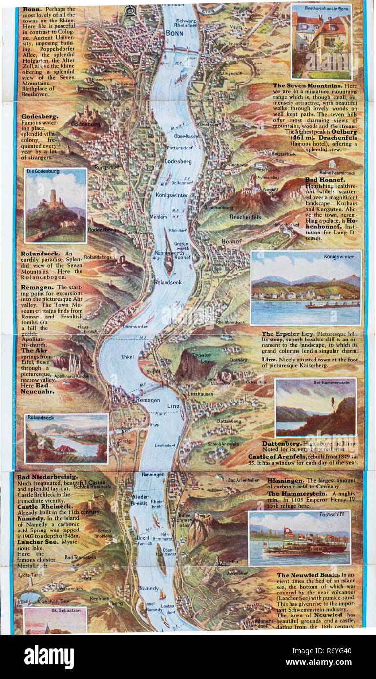 No 5.A German pre-war detailed panoramic map of the Rhine from Köln to Mainz  and overprinted post war c1948,with English captions and comments Stock Photo