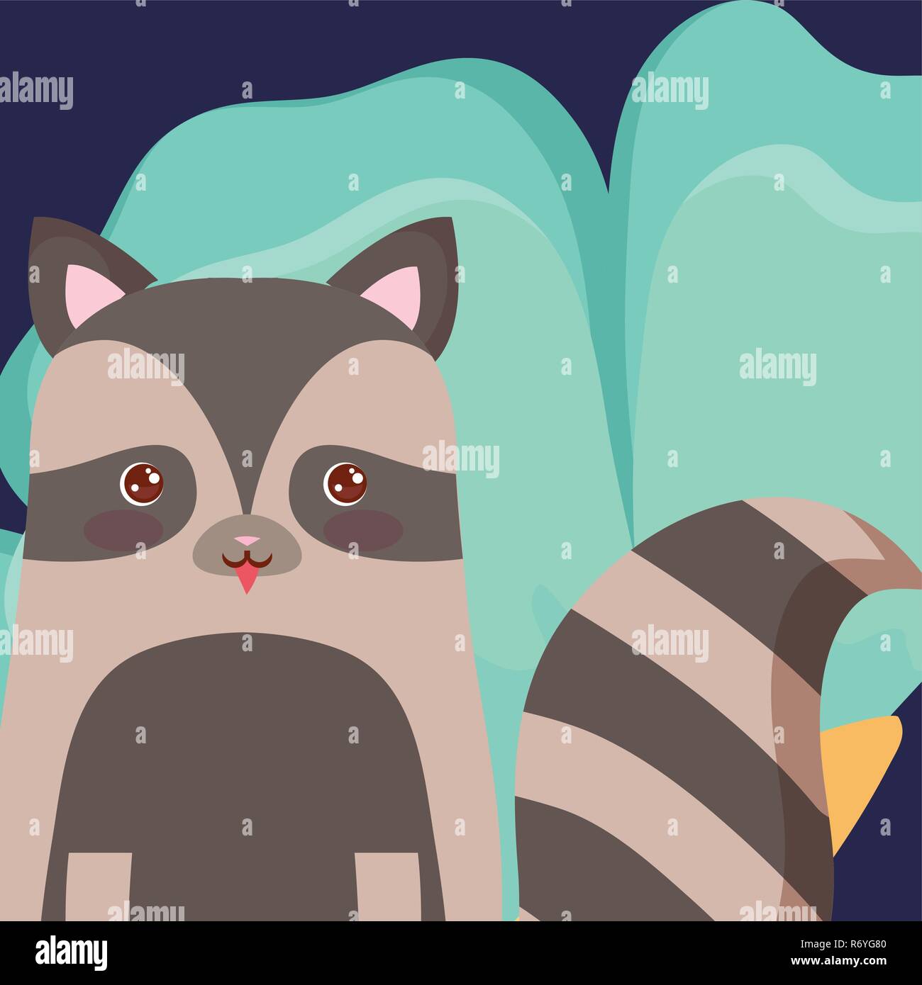 cute raccon icon and tropical leaf over purple background, colorful ...