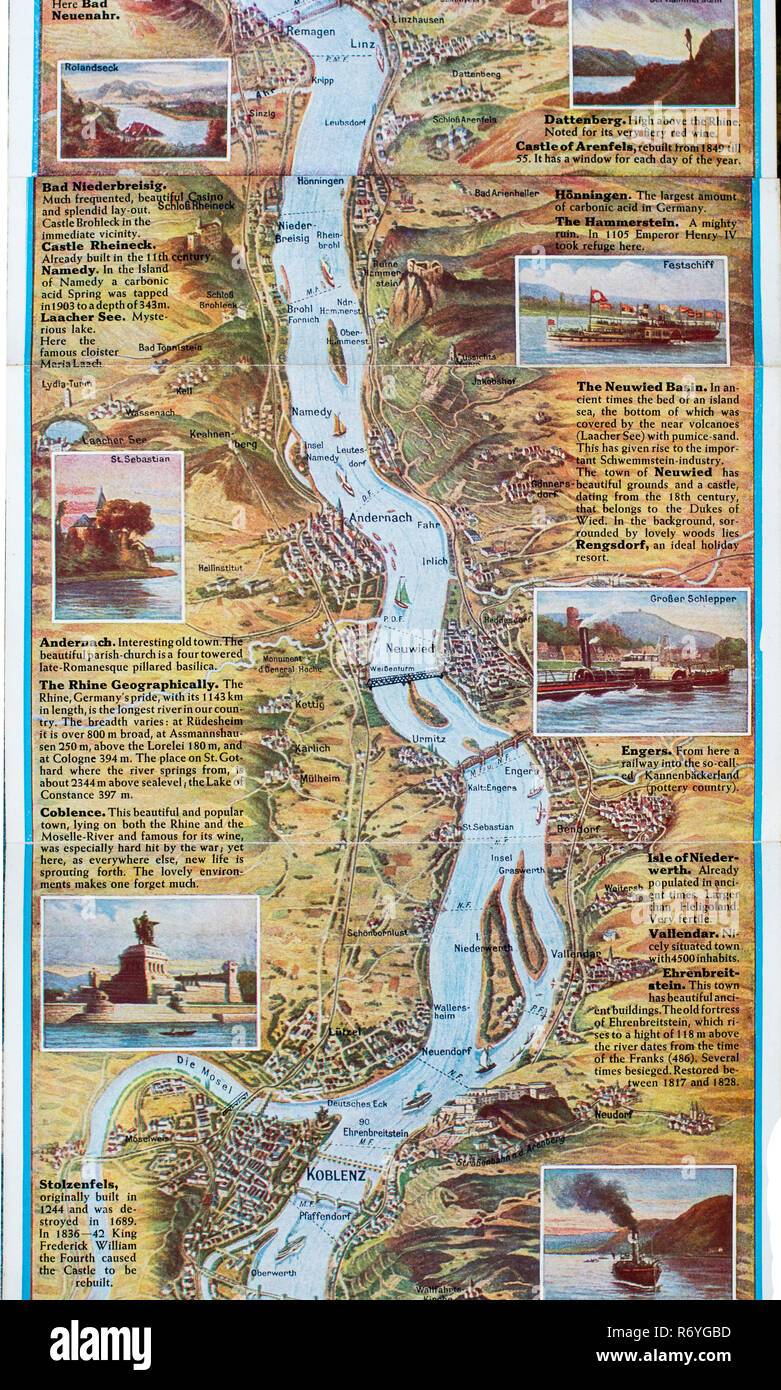 No 4.A German pre-war detailed panoramic map of the Rhine from Köln to Mainz  and overprinted post war c1948,with English captions and comments Stock Photo