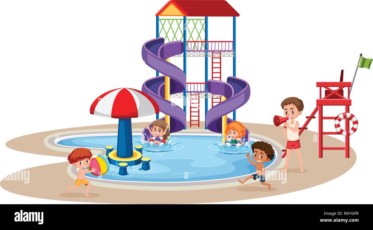 Children playing in a waterpark illustration Stock Vector Image & Art ...