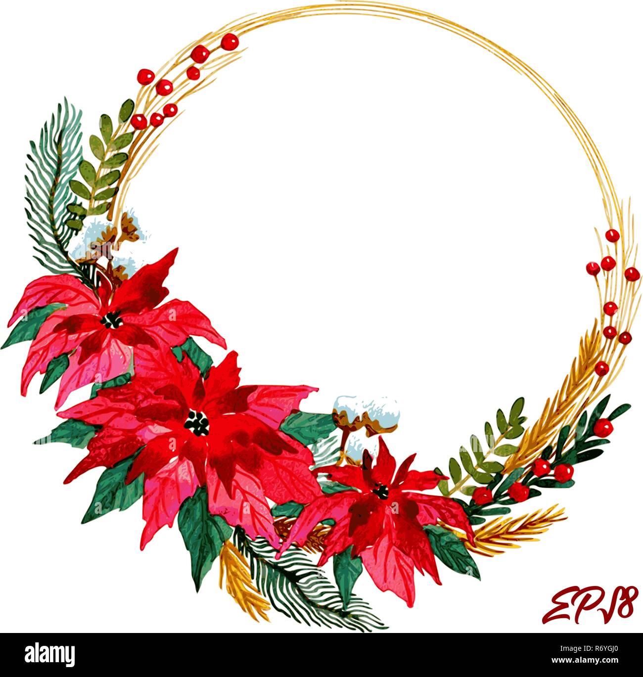 Christmas wreath with beautiful poinsettia flowers, red berries and golden lining. Hand painted watercolor vector illustration on white background. Stock Vector