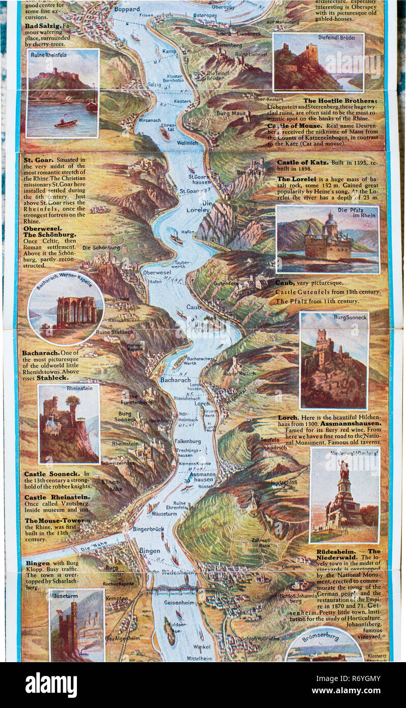No 2  A German pre-war detailed panoramic map of the Rhine from Cologne to Mainz  and overprinted post war c1948,with English captions and comments. Stock Photo
