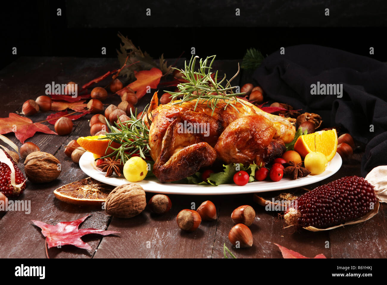 Baked turkey or chicken. The Christmas table is served with a turkey